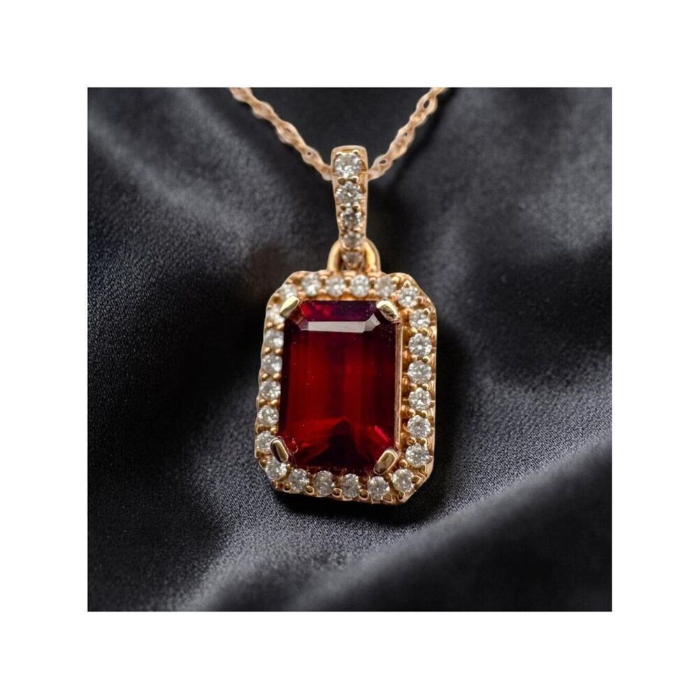 14K Rose Gold -Natural Indian Garnet & Halo Diamond Necklace- 18" -2.3g